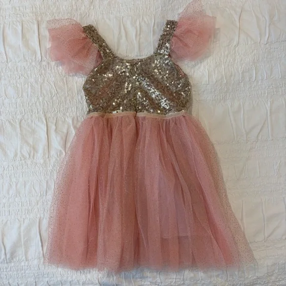 Girls Sequin Tulle formal dress, Pink & Gold. Wedding, Flower Girl, Pageant 3T - Picture 2 of 6